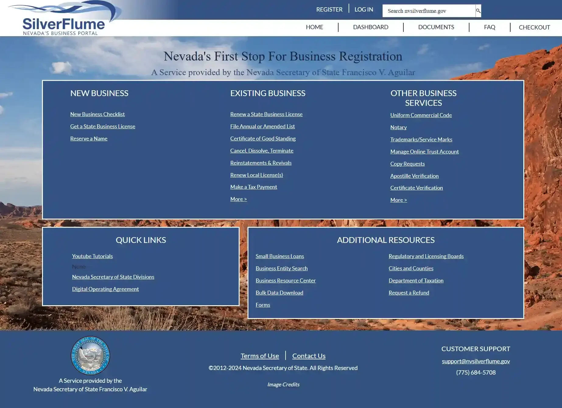 Nevada SilverFlume business portal homepage for LLC formation filings