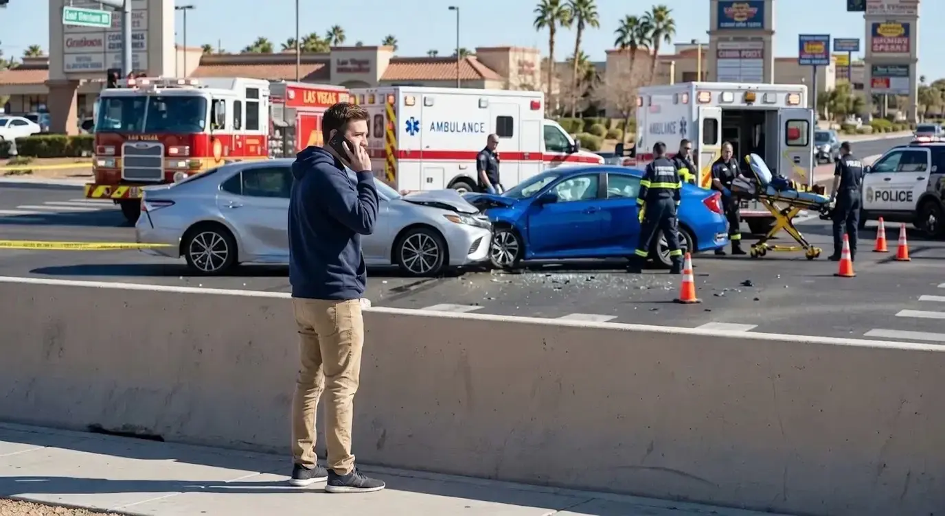 Person calling 911 at the scene of a car accident in Las Vegas