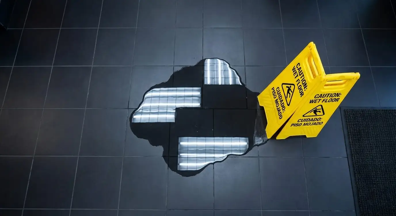 Overhead view of wet floor hazard with caution sign — slip and fall evidence documentation Las Vegas