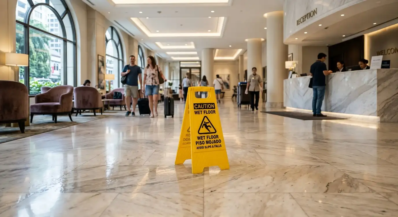 Wet floor caution sign in a Las Vegas hotel lobby — slip and fall accident Las Vegas